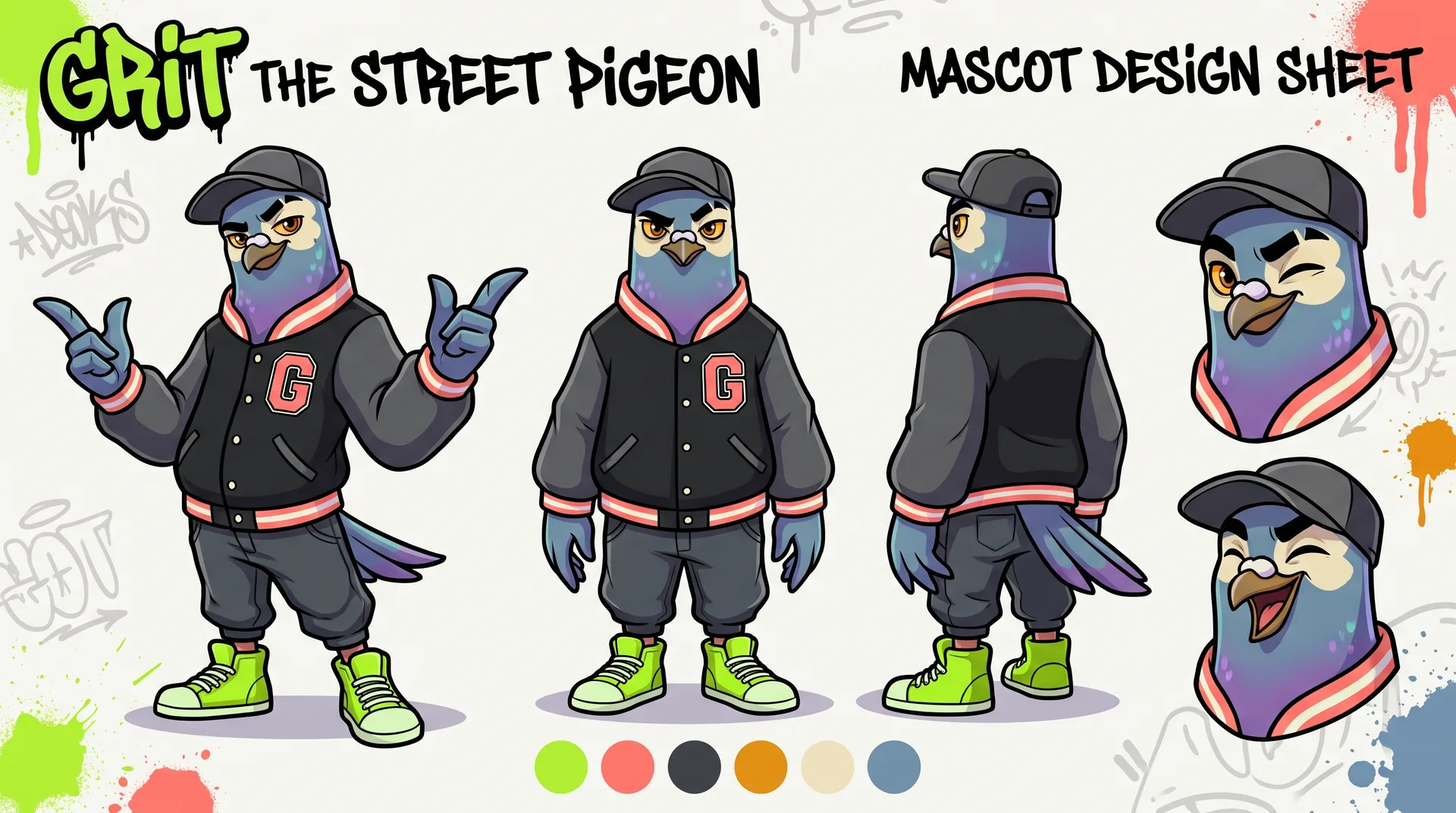 Grit the street pigeon: mascot sheet with front, side and back views, two faces and the colour swatches