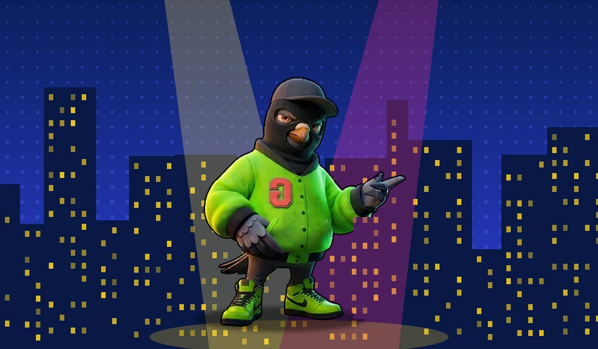 The Gangcrime pigeon under spotlights in front of a night city
